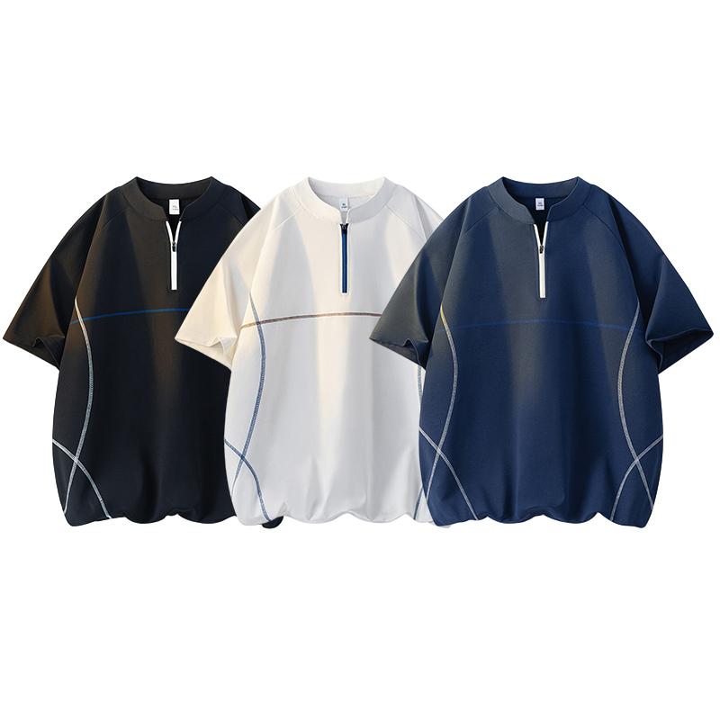 Half Zipper Casual T-shirt Men's Summer Loose And Breathable Top