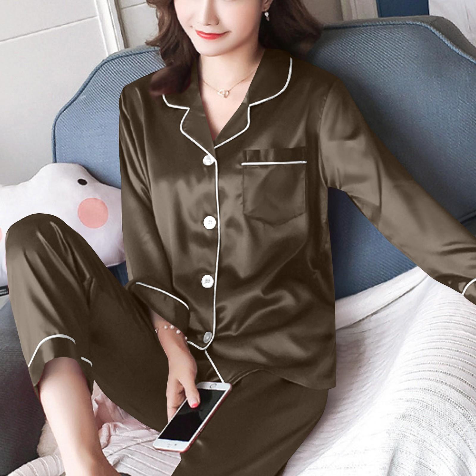 

Женский повседневный кардиган с длинным рукавом, пижамный комплект, домашняя одежда из шелка, комплект из двух предметов XXXXXL кофейный