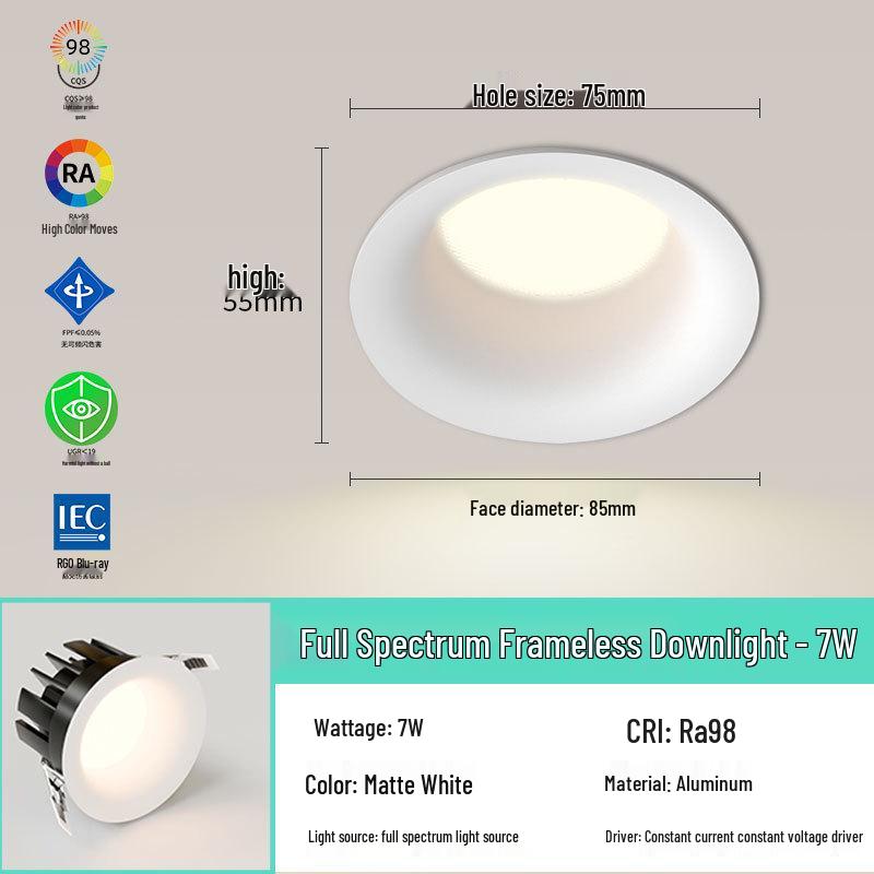 Frameless 75mm LED Downlight, Deep Anti-Glare, Eye-Protective Spotlight for Living Rooms.