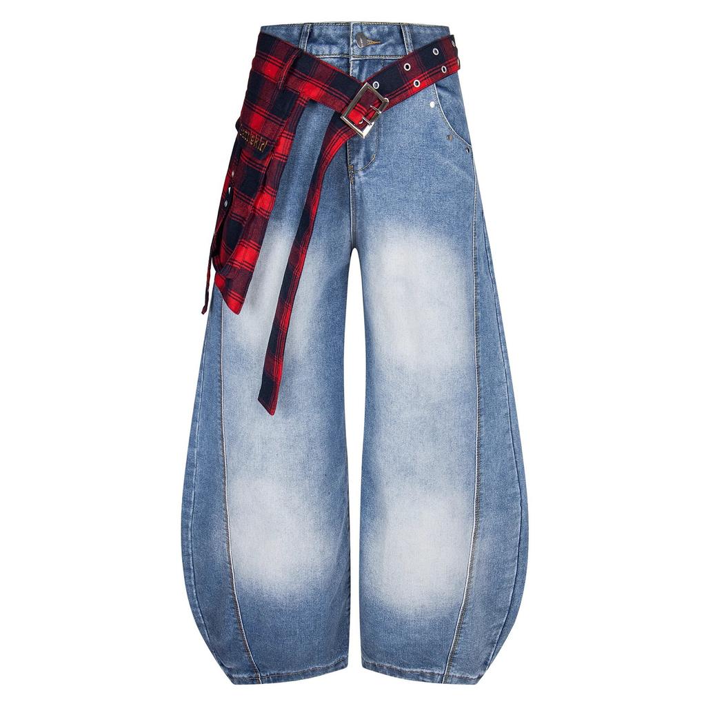 JYL Men's Plaid Waist Jeans Vintage Bootcut Loose Trendy Jazz Wide-Leg Denim