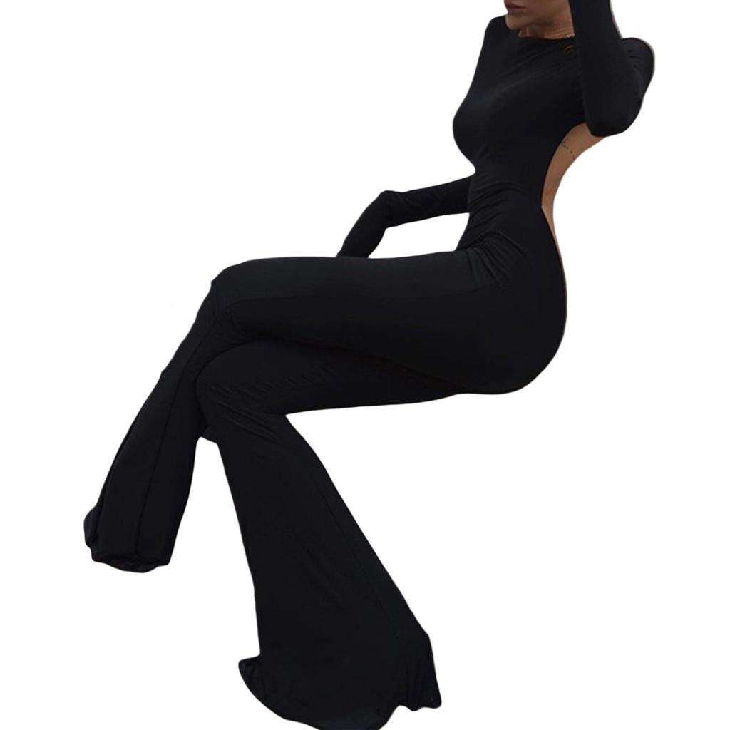 Women Flare Leg Jumpsuit, Fashion Long Sleeve Backless Solid Color Bodycon Romper Pants