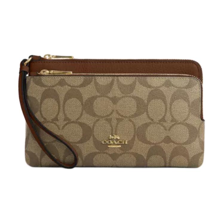 New COACH Double Zip Wallet Leather Card Holder, Clutch Wallet Medium Size Women's Saddles Brown C5576-IME74