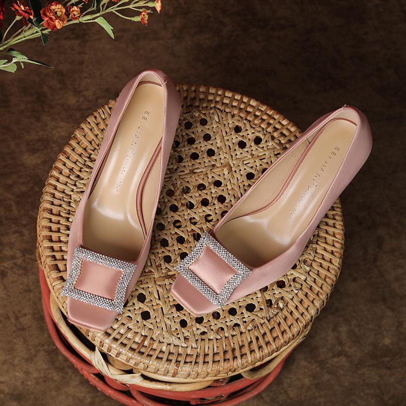 

Sheepskin satin high heels for women s new spring and autumn square head square buckle thin heels for women 39 рожевий