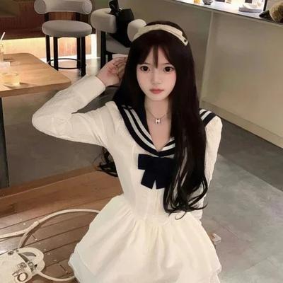 White Navy Collar Dress Women's Spring Dress Japanese Sweet College Style High Sense First Love Thin Fluffy Princess Dress