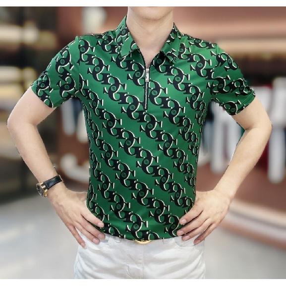 2025 Summer Trendy Casual Men's Versatile Half-Zip Polo Shirt Slim Fit Fashion Short Sleeve Simple Letter T-Shirt