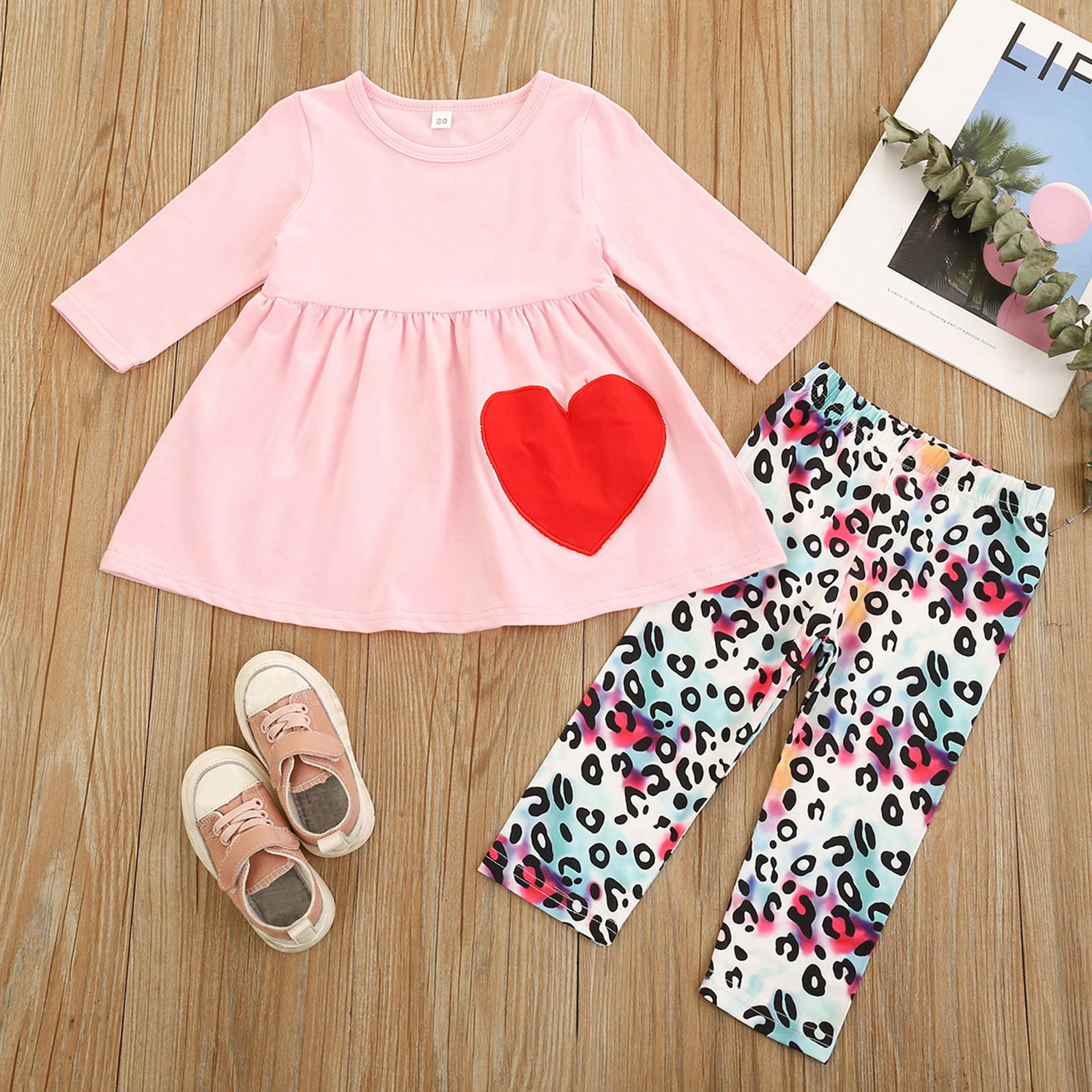 

Toddler Kids Baby Girls Long Sleeve Valentine s Heart Print Dress+Pants Set