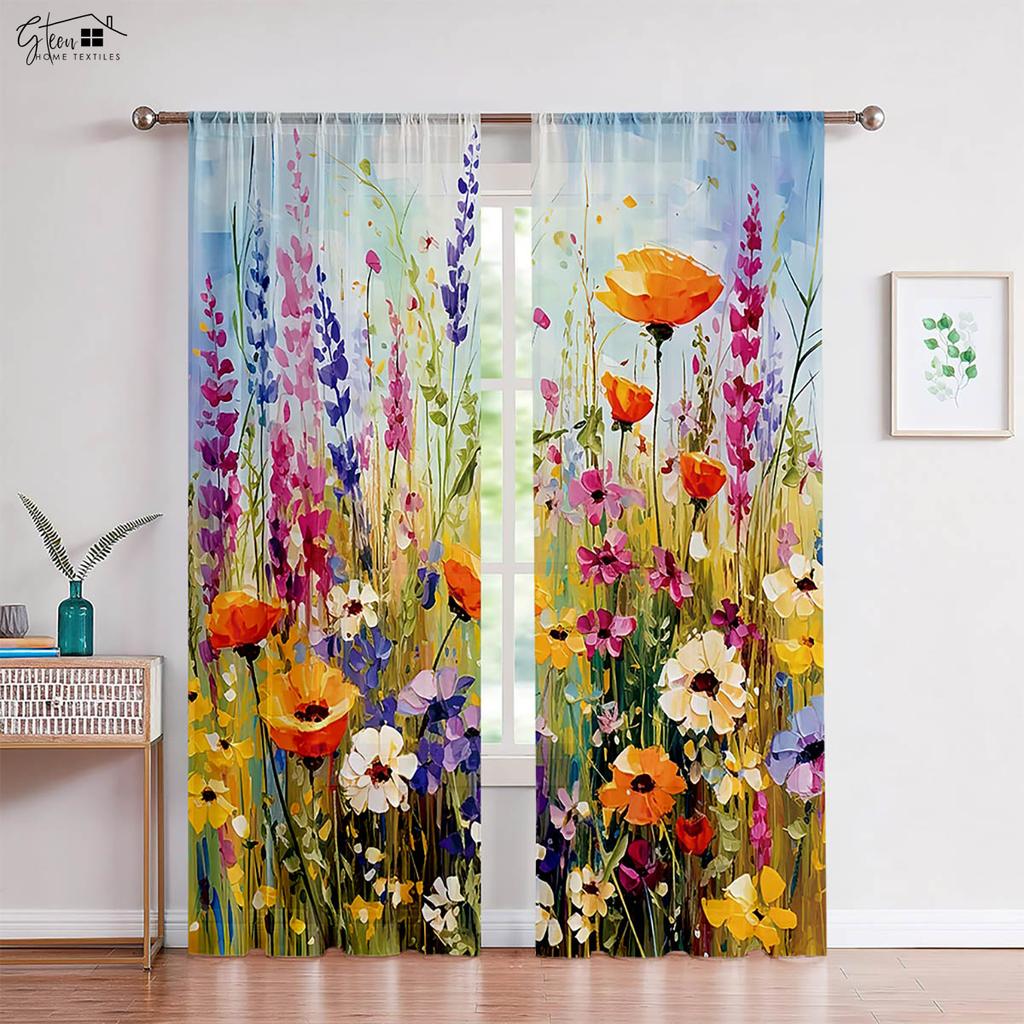 2-Piece Wooden Wisteria Flower Butterfly Printed Window Curtains Pastoral Style Bed Room Living Area Study Kitchen Curtains