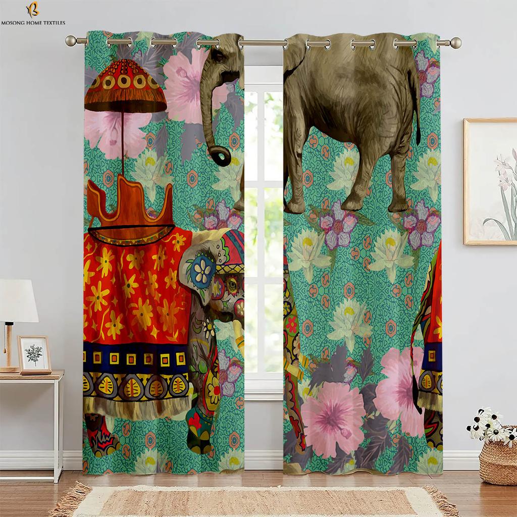 Set Of 2 European Retro Elephant Pattern Printed Curtains Polyester Bedroom Living Room Kitchen Curtain Machine Washable Ideal For Great