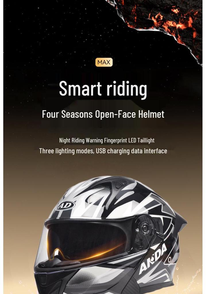 Unisex Full Face Motorcycle Helmet with LED Taillight, All-Season, Flip-Up, 3C/DOT Certified