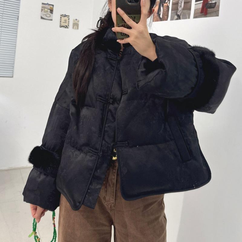 Retro Stand-up Collar Buckle Jacquard Mink Hair Down Jacket Women's Winter Goose Down Jacket a Piece