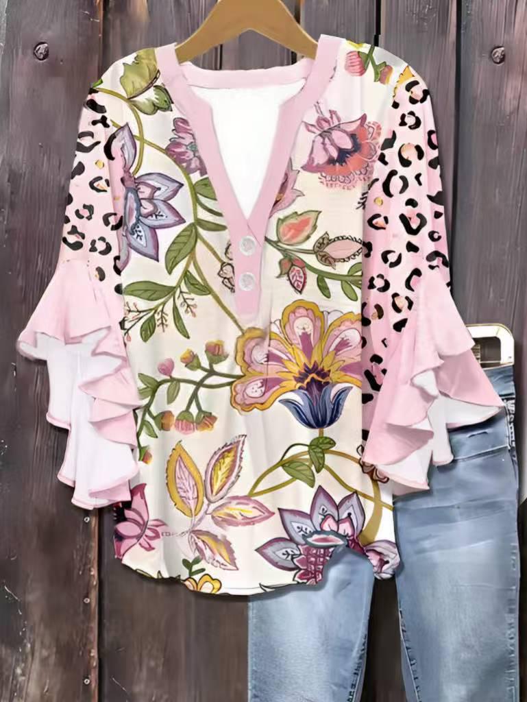 2026 European Floral Print V-neck Lace T-shirt for Women