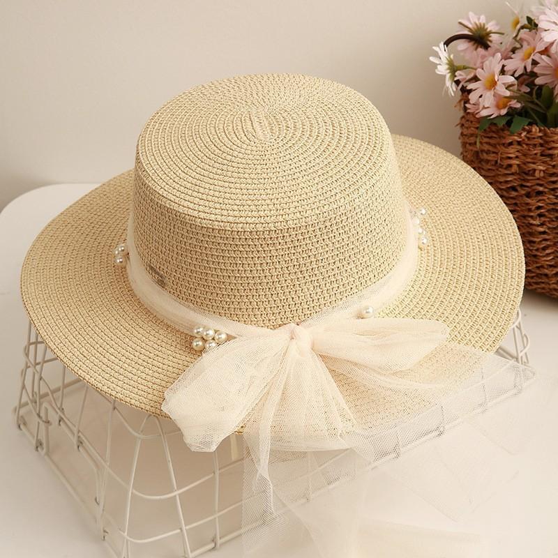 Womens Casual Packable Straw Hat With Large Brim And Pearl Embellishments For Outdoor Use