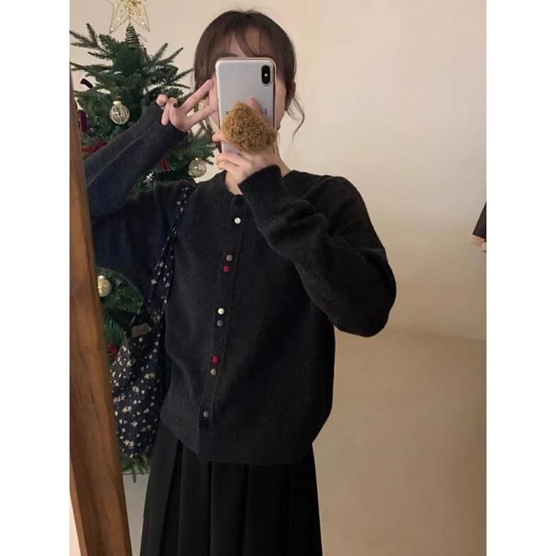 

Весенне-осенний новый дизайн, однотонный мягкий ворсистый свитер-жакет, женский свободный трикотажный кардиган с круглым вырезом One Size чёрный