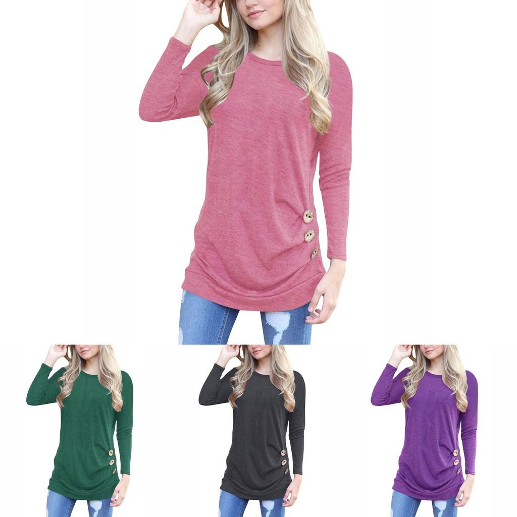 Stylish Long-sleeve Button Detail T-shirt For Women In Various Colors And Sizes