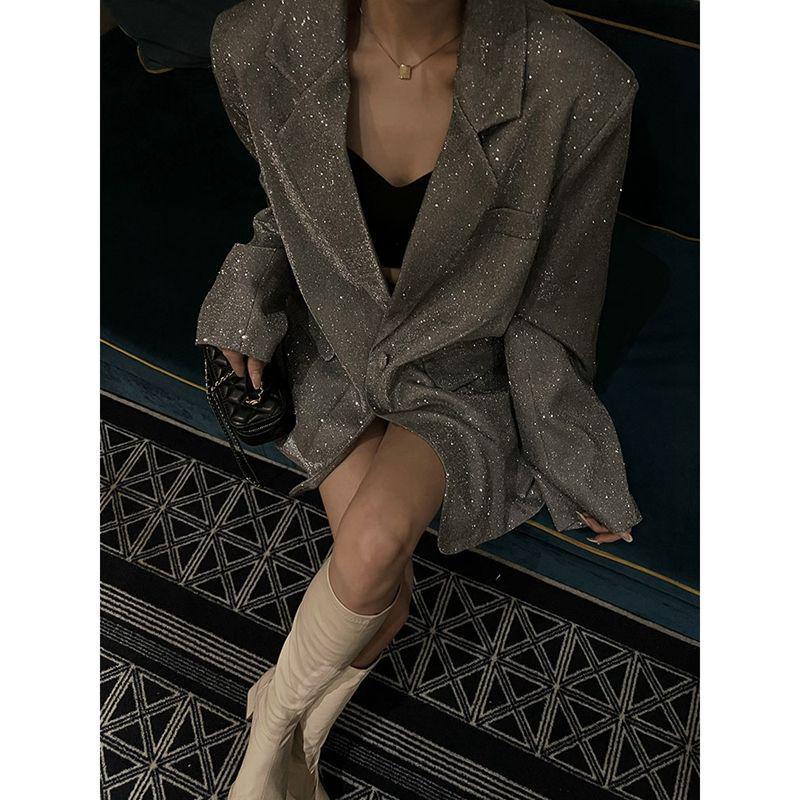 Women s Plus Size Retro Sequin Mid-Length Suit Jacket - Spring Design XL (recommended for 90-125 jin) серый