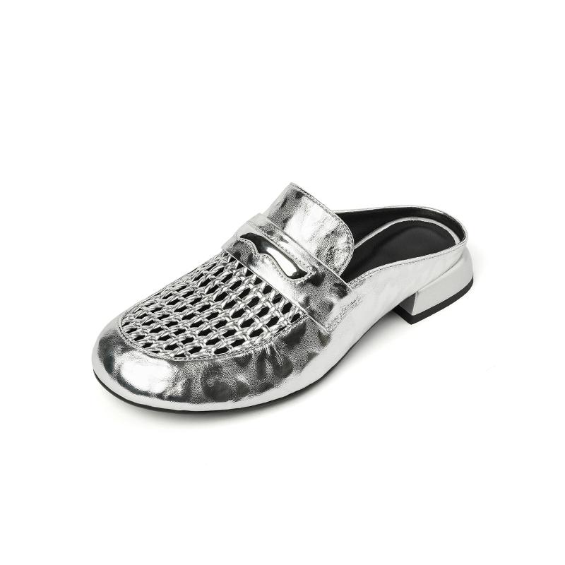 Fashion NEW Summer Women Mules Genuine Leather Shoes for Women Round Toe Low Heel Shoes Cover Toe Slingback Sandals Fabric Weave Shoes