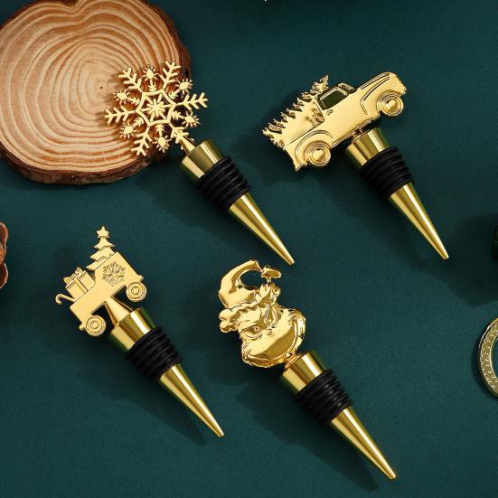 Decorative Wine Cork for Christmas Party Stopper with Silicone Ring, Stainless Steel Bottle Sealer, Snowflake/Car/Train/Elf Topper, Reusable Leakproof