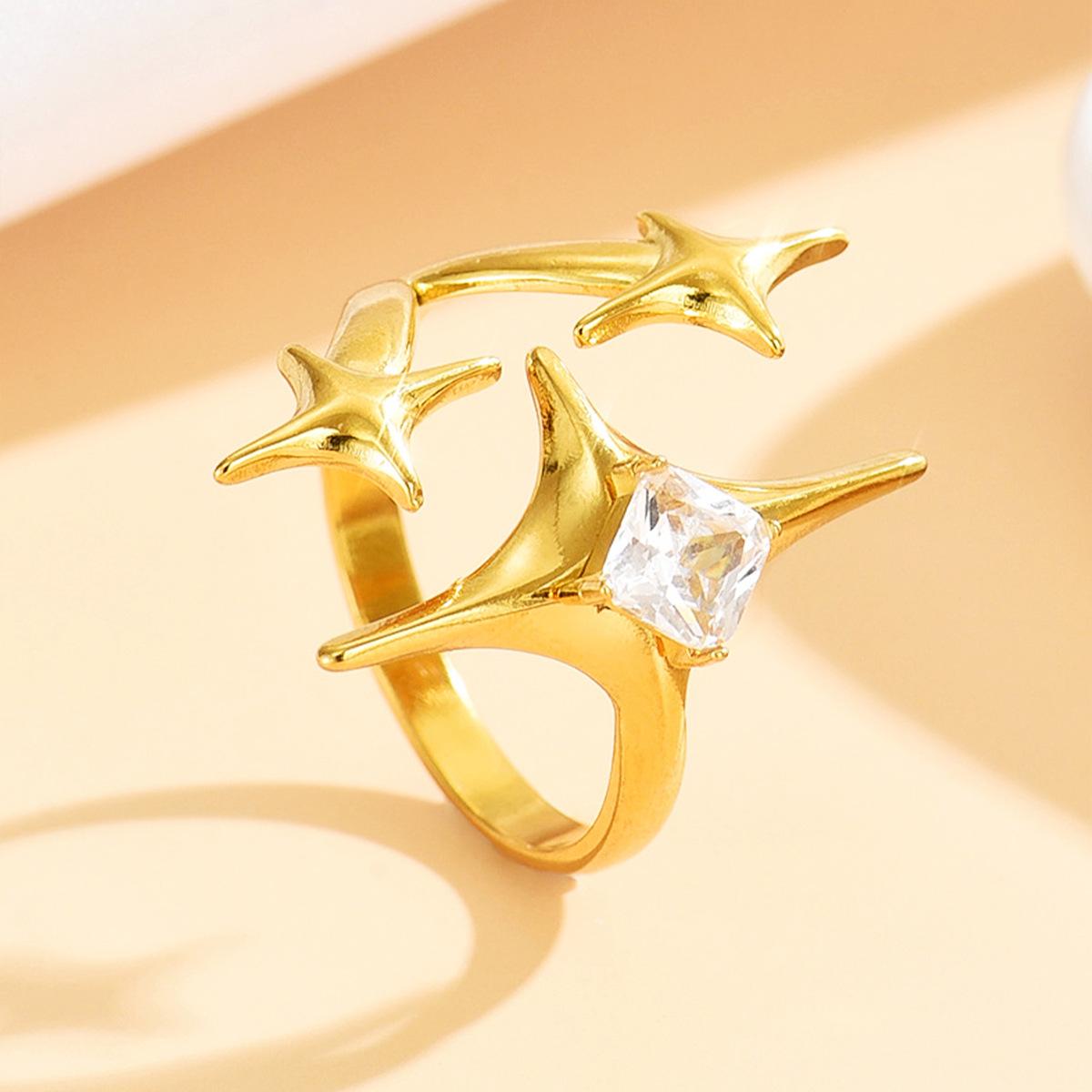 Elegant European  American Green Square Diamond Stainless Steel Adjustable Star Ring for Women
