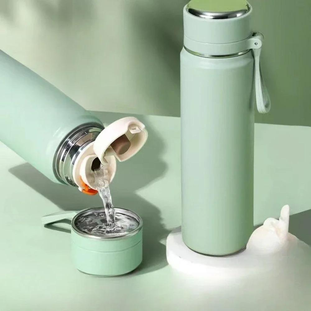 350/500/600ml 316 Stainless Steel Vacuum Flask, Portable Outdoor Sports Water Bottle with Drinking Cup Lid & Carry Lanyard