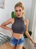 Women's American Retro Sleeveless High Collar Crop Top - Slim Fit, High Waist, Elastic, Navel-Baring.
