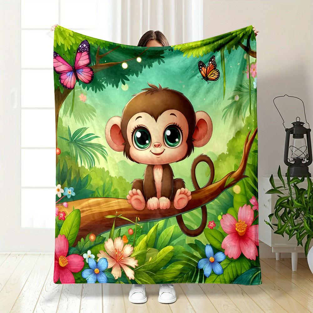 "Adorable Monkey in Tropical Forest" Patterned blanket, flannel, suitable for all seasons, home decor, warm and cozy