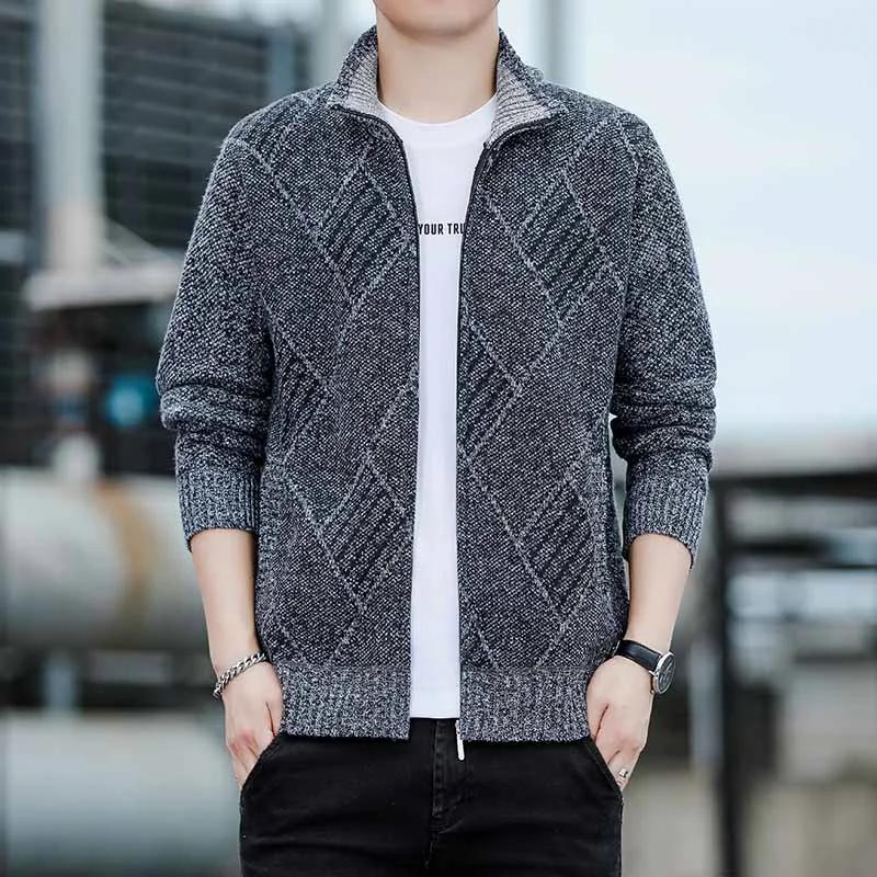 Men's Casual High Collar Long Sleeve Knitted Top with Velvet Warmth for Autumn and Winter Fashion Multi Functional Jacket