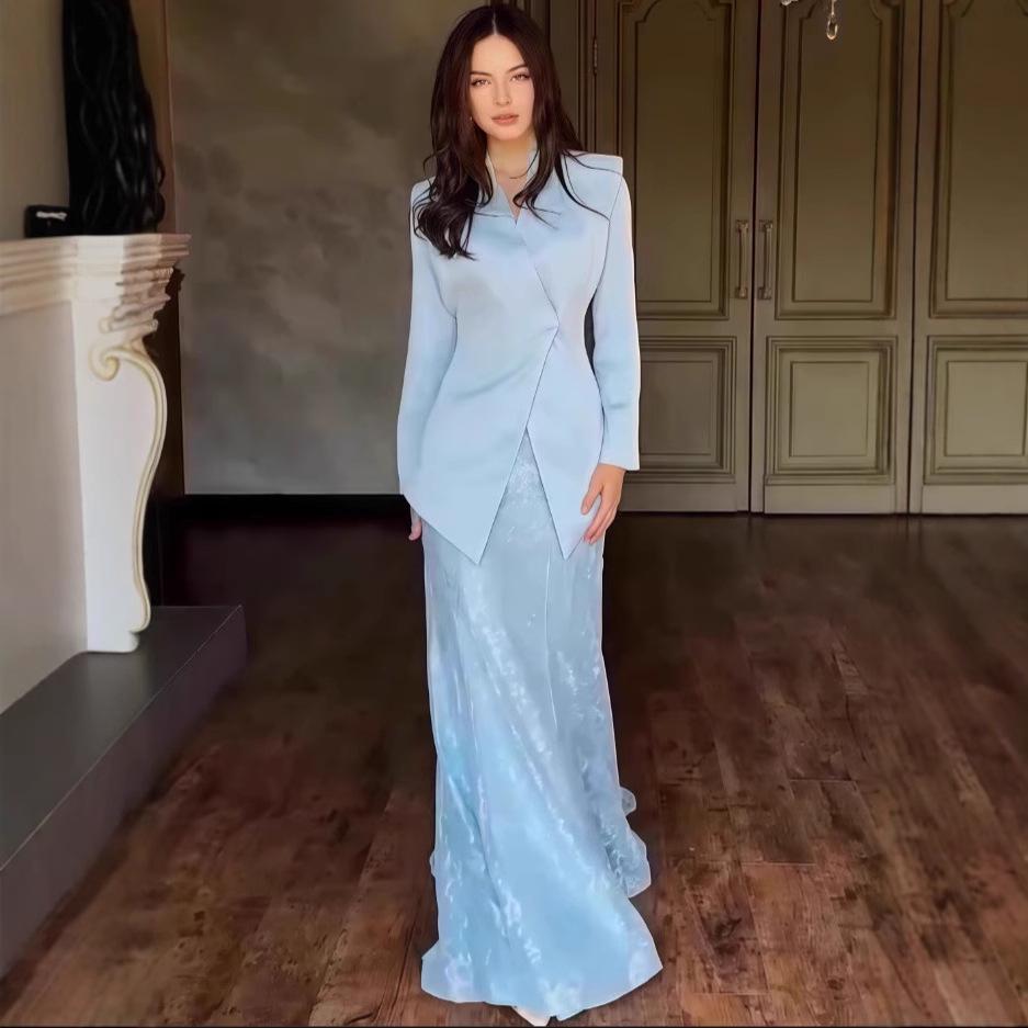 2025 Elegant European & American Summer Fashion Print Top + Midi Skirt Set