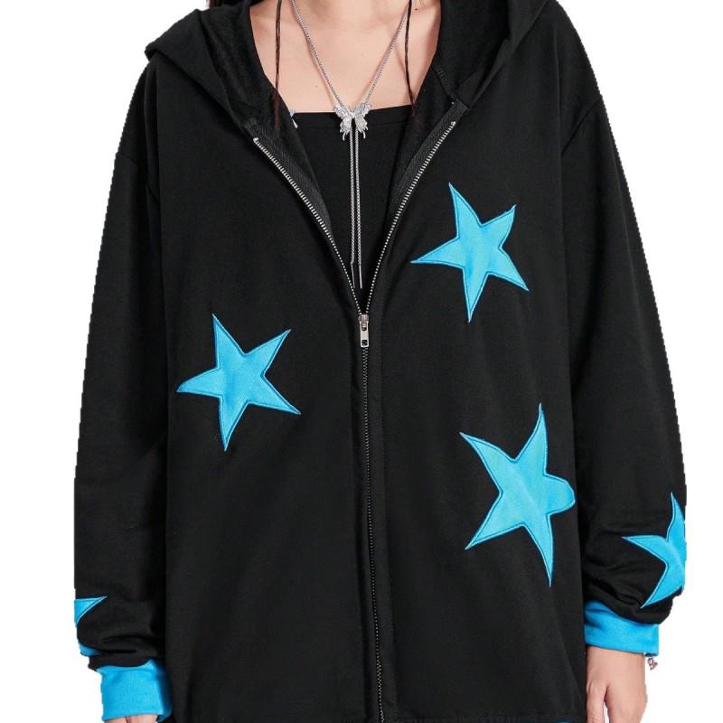 Womens Winter Hooded Zip-Up Sweater With Star Patch Print Streetwear Knit Top