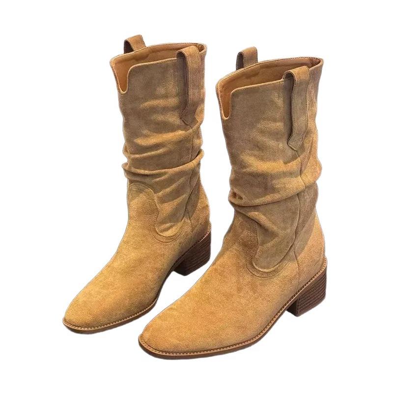 New Inner Height Increased Frosted Leather Martin Boots Autumn and Winter Retro Stacking Boots Khaki Thick Heel Cowboy Boots