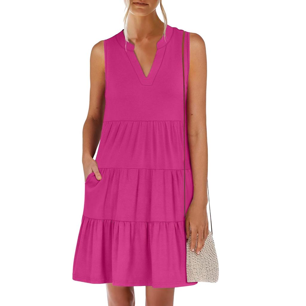 Women's Summer Fashion V-neck Sleeveless Patchwork Solid Color Casual Dresses