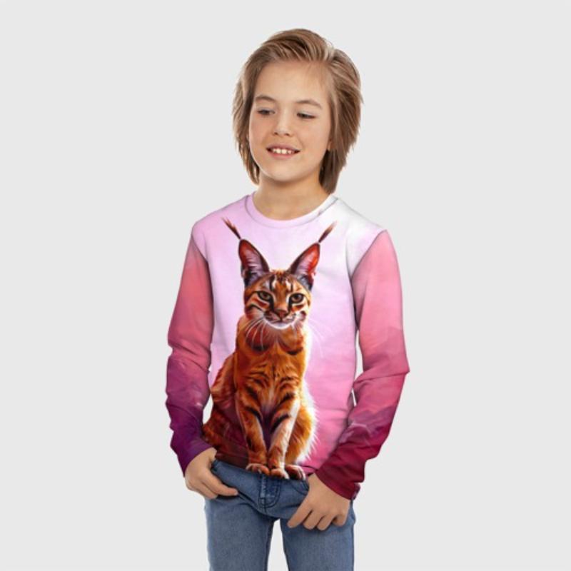 Children's Cartoon Animal Kitten Print Multi-color Print T-shirts Boys Cute Long Sleeved Soft Comfortable Top