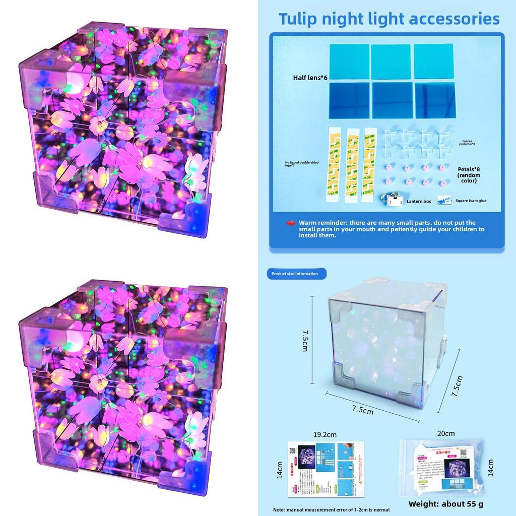 Handgefertigter Montage-Spiegel Tulpenblumenmeer Würfel-Nachtlicht Puzzle-Spielzeug-Set Für Gehirnentwicklung