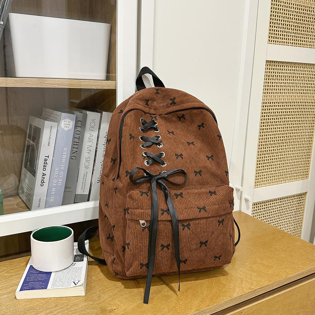 Schoolbag plaid schoolbag junior high school girl college student high school student cute bow ribbon velvet backpack computer backpack
