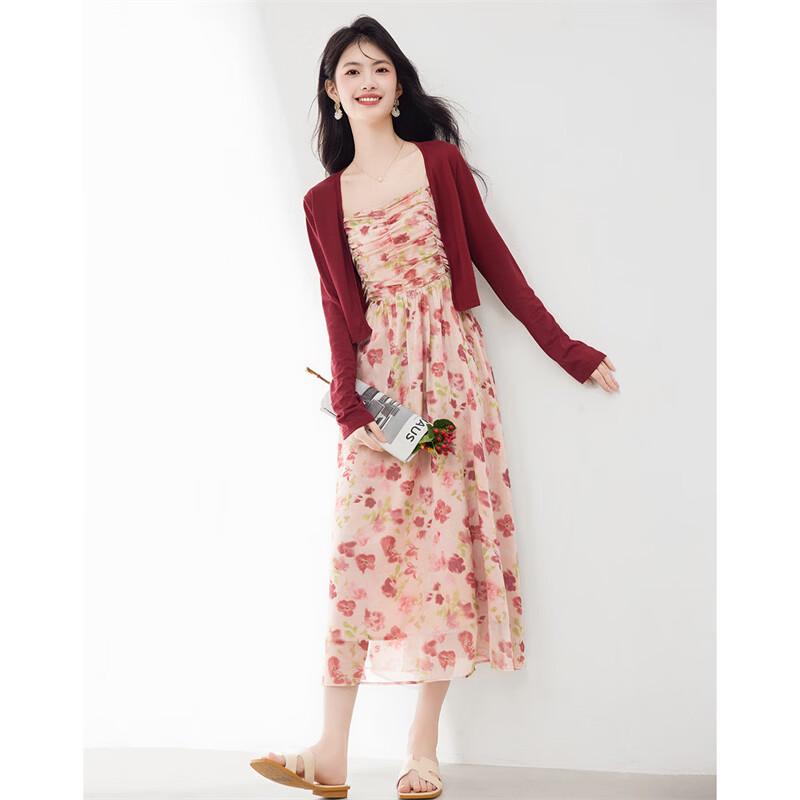 Xinfeiyu Women's Knit Cardigan & Printed Dress Two-Piece Set
