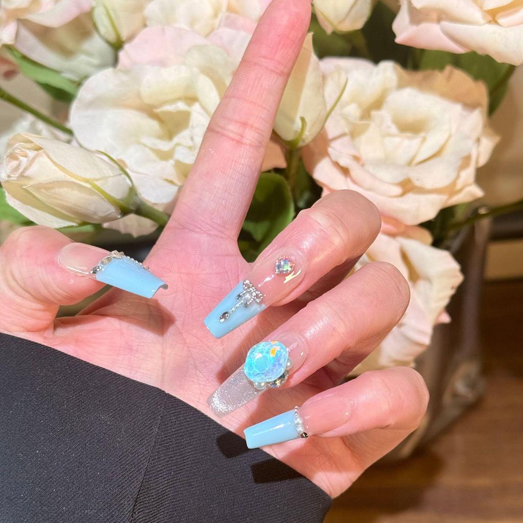 High-End Blue French Color Block Aurora Cat Eye Candy Blue Diamond Handmade Press-On Nails
