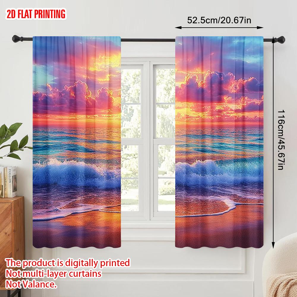 2pcs  2D plane printing Curtain Popular Beach Sunset Sea Polyester Fabric (without rod) Outdoor Decorations Ldeal for Bedroom