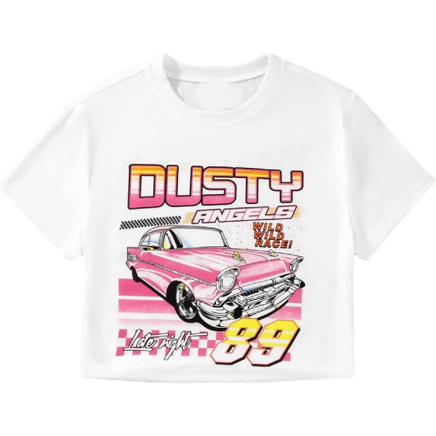 OYOANGLE Women s Car Letter Graphic Short Sleeve Round Neck Casual Crop Top Tee Shirt S