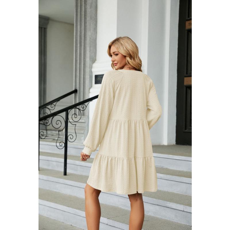 Frühlings- und Herbst-Damenkleid, einfarbig, V-Ausschnitt, lockere Plissee, Spleißen, Langarm-Kleider