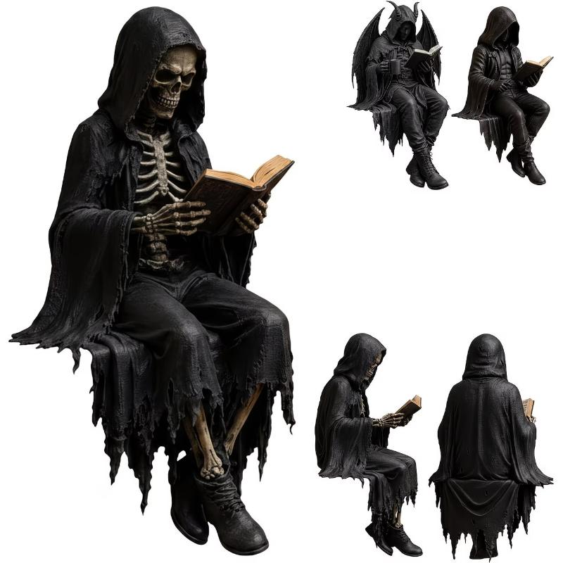 Sensenmann Lese Statue Harz Schwarze Kapuze Schädel Miniaturfigur Halloween Heim Schreibtisch Ornamente Gotische Dekoration