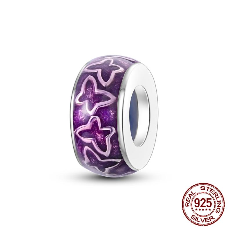 925 Sterling Silber Lila Perlen Blume Schmetterling Hänge Charm Passend 4MM Lochdurchmesser Armband Halskette 925 Schmuck Geschenkherstellung