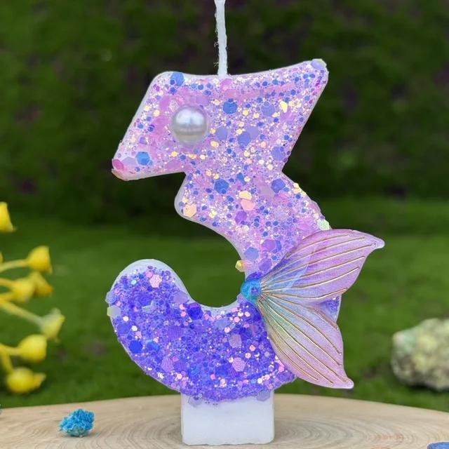 1pc Purple Mermaid Tail Glitter 0-9 Number Candle Decoration Anniversaire Birthday Party Candle Cake Decoration Toos for Girls