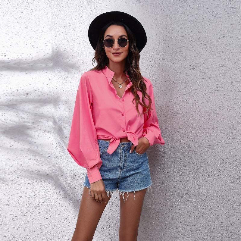 Spring Stand Up Collar Lantern Sleeve Shirt Women's Solid Color Long Sleeved Shirt Chiffon Shirt Blouses & Shirts