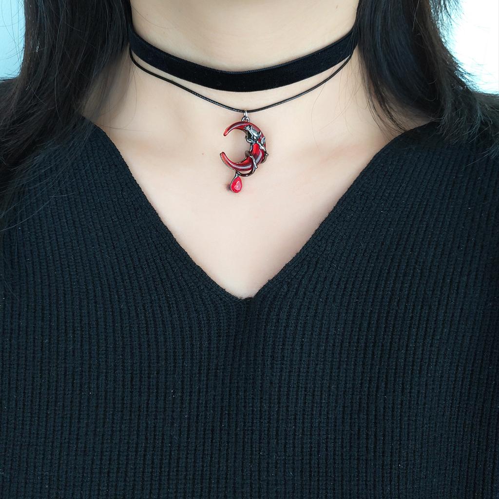 Gothic-style black velvet with red blood-colored rhinestones, moon and rose pendant, choker collar, necklace, women's accessorie