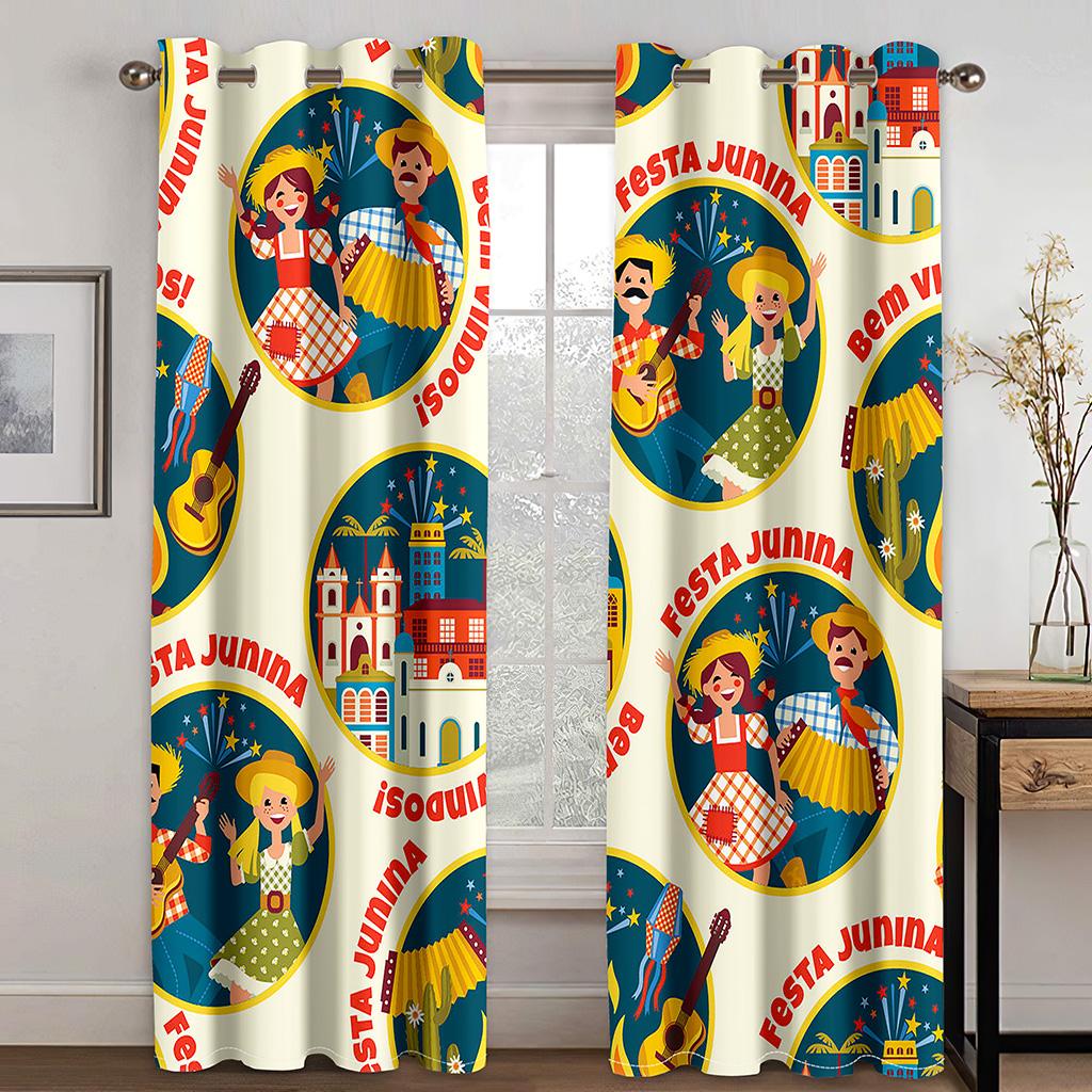 Animated Festa Junina village festival Luxurious Window Panel Drapes in Kids Bedroom Living Room Hall Treatments Kitchen Drapes Blinds
