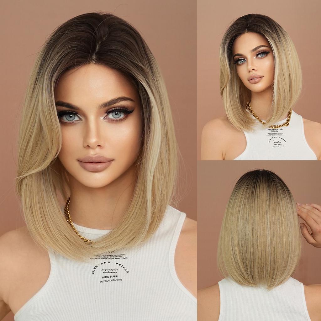 Gradient Blonde Small Lace Wig for Women - Bob Cut Shoulder Length Short Straight Hair, Quick Beauty Full Cap, Lightweight Style Wig