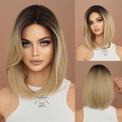 Peruca Pequena de Renda Loiro Degradê para Mulheres - Corte Bob Comprimento no Ombro Cabelo Curto Liso, Beleza Rápida Touca Cheia, Peruca Estilo Leve