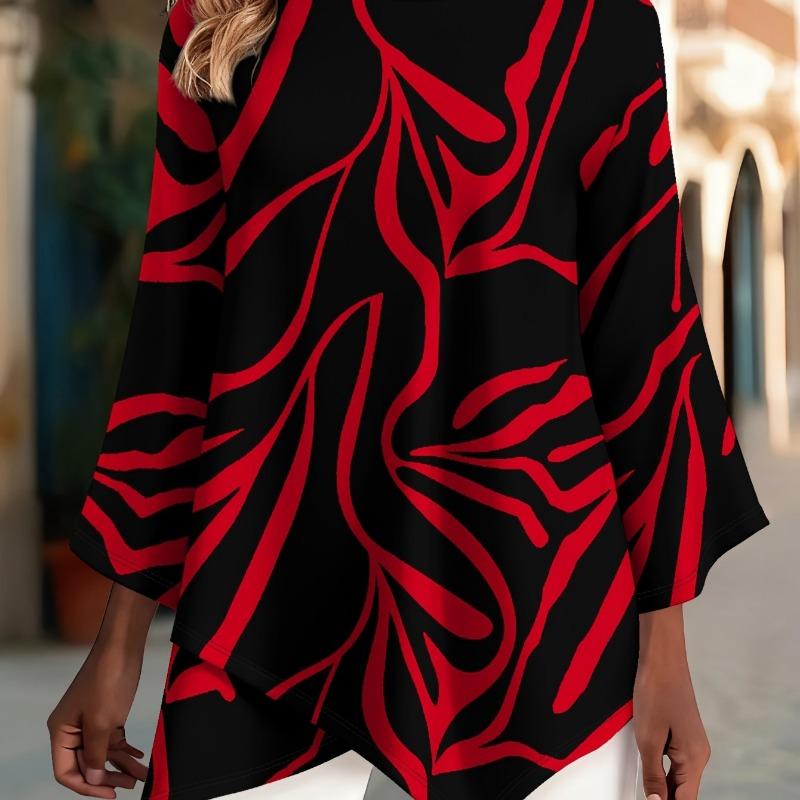 Modern Art Geometric Strip Print, Cross Hem Asymmetric Holiday Gift Women's Round Neck Three-quarter Sleeve T-shirt Spring and Summer