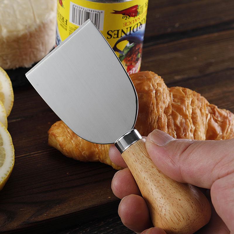 Rubber Wood Handle Stainless Steel Cheese Knife Set: Includes Fork, Spoon, Butter & Cream Knives