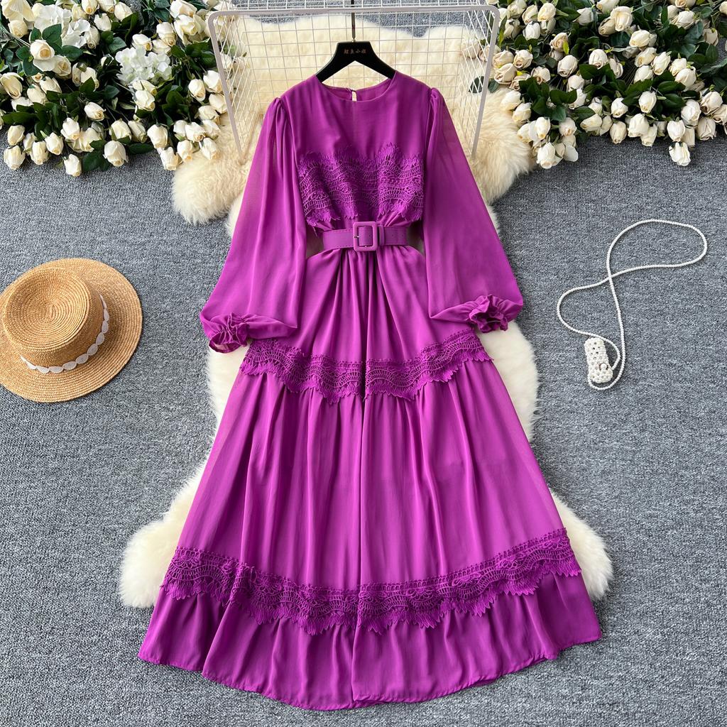 French O Neck Cut Out Lace PATCHWORK Lantern Sleeve Korean Fashion Dress Women's Summer Waist Sweet Dresses