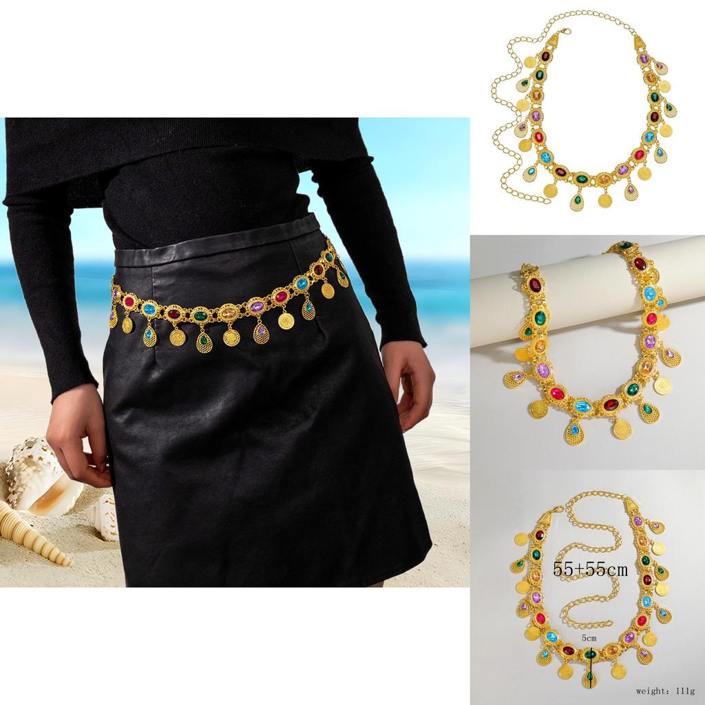 Arabic Jewelry Gold Alloy Acrylic Gem Waist Belt With Hollow Pattern For Ladies Summer Wear